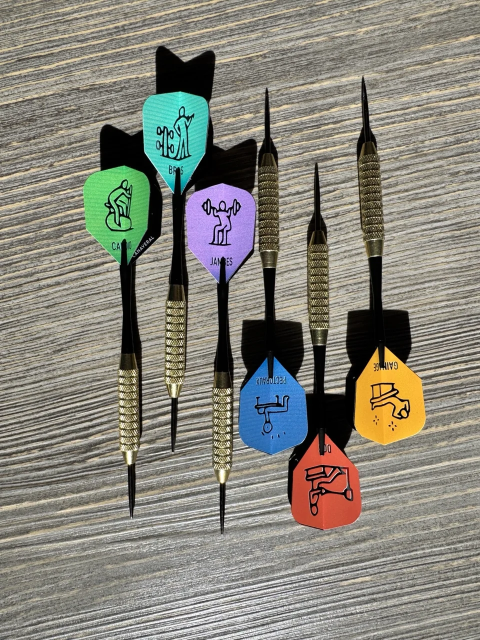 Six fléchettes aux ailettes colorées avec pictogrammes sportifs